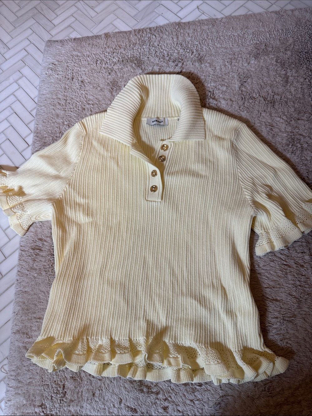 Sandro Pale Yellow Ruffled Short-Sleeve Polo Top